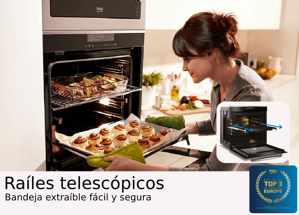 Mujer usando horno con productos horneados. Horno tiene la frase "Railes telescopicos".