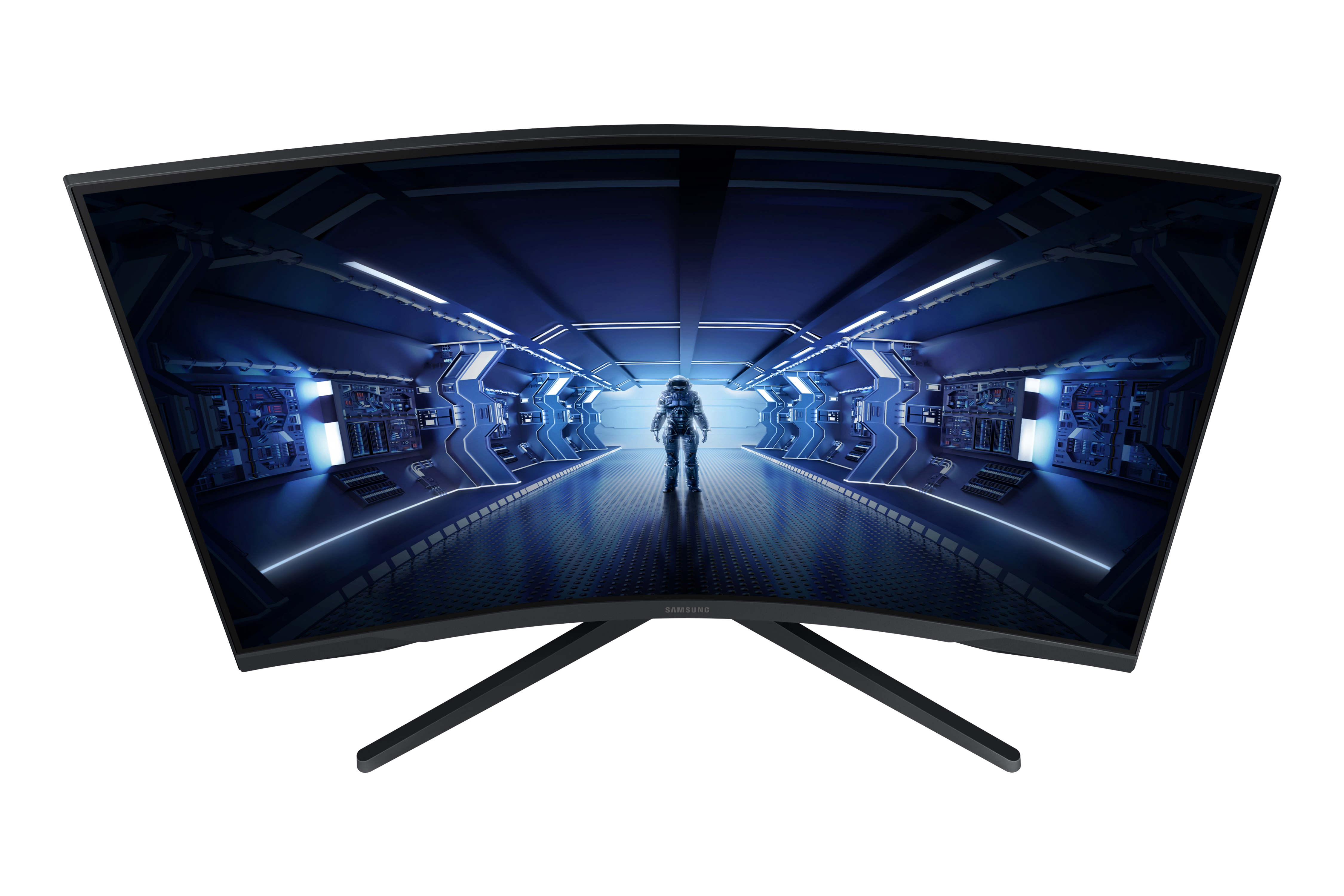 Monitor de computadora curvado que muestra una escena futurista con un astronauta en un pasillo.
