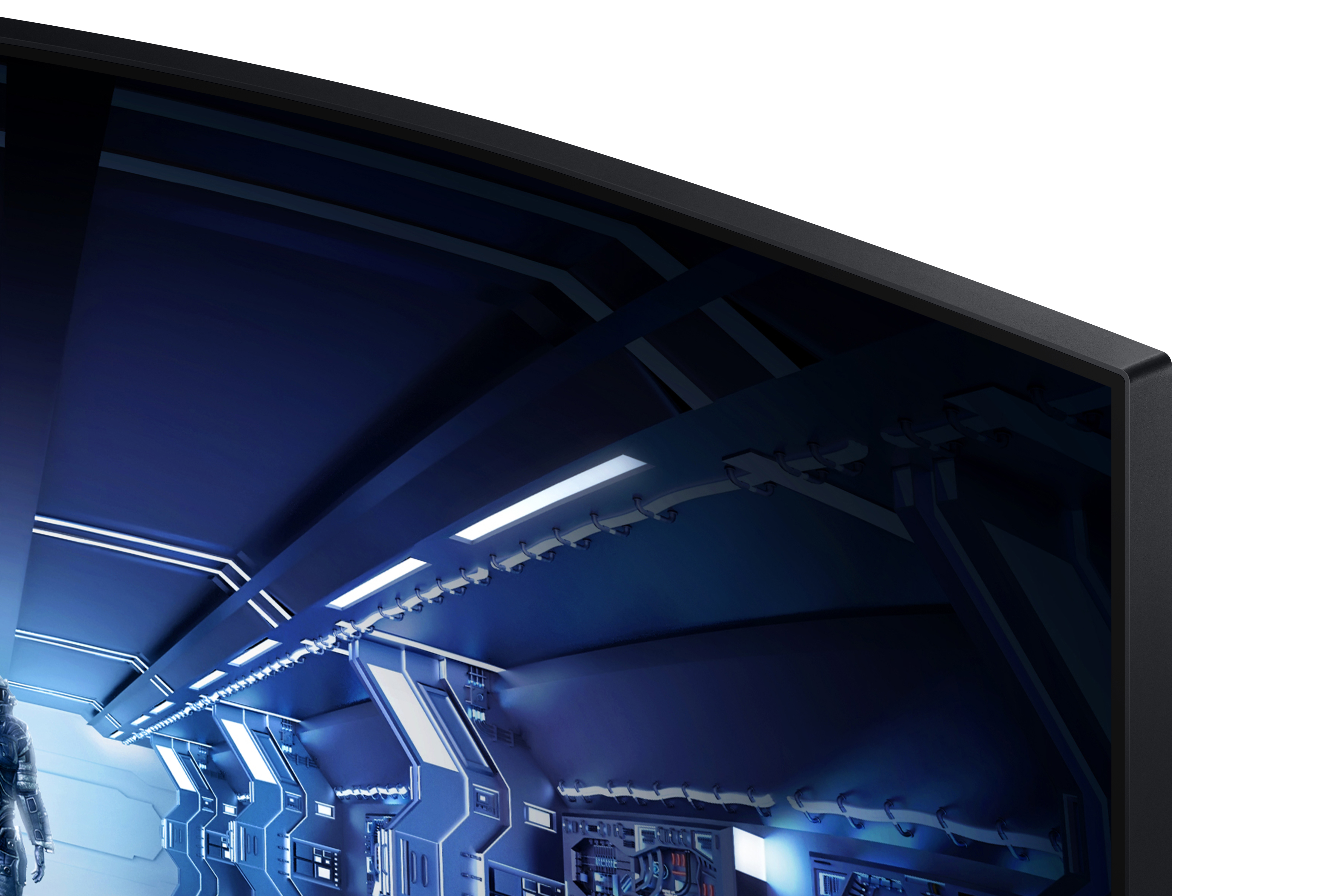 Monitor curvo que muestra una escena de ciencia ficción azul y blanca con un interior de nave espacial.