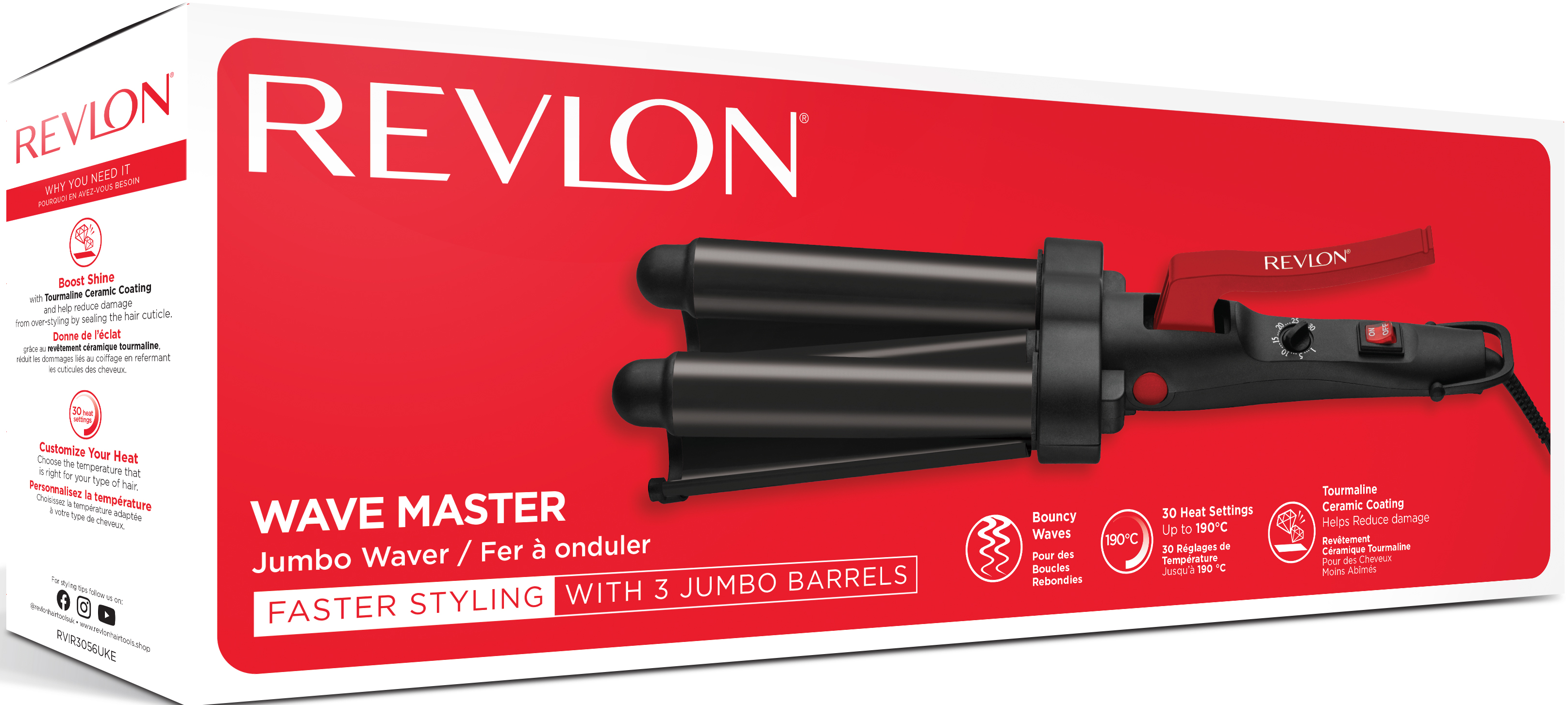 Boîte Revlon Wave Master. Fer à friser noir avec trois fûts jumbo. Accents rouges. Texte : Coiffage plus rapide avec 3 fûts jumbo.