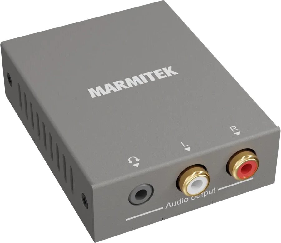 Un convertisseur audio gris avec des prises d'entrée et de sortie.