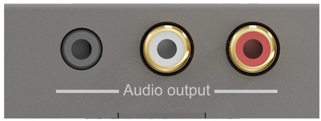 Ports de sortie audio sur une surface grise. Il y a une prise casque et un port RCA.