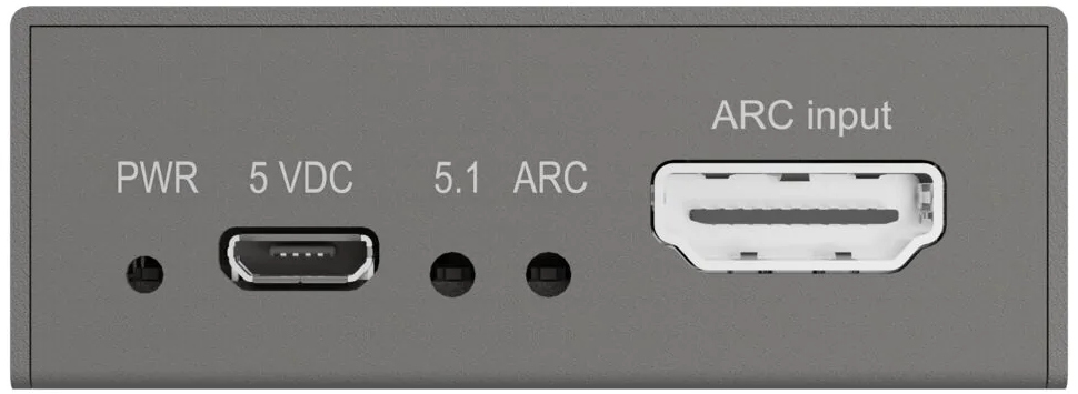 Panneau arrière gris d'un appareil avec des ports, dont HDMI ARC, 5 VDC et une entrée d'alimentation. Étiqueté 'ARC input'.