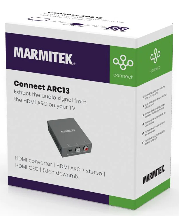 Une boîte blanche avec le produit Marmitek Connect ARC13. Texte et graphiques sur la boîte ; un appareil gris est visible.