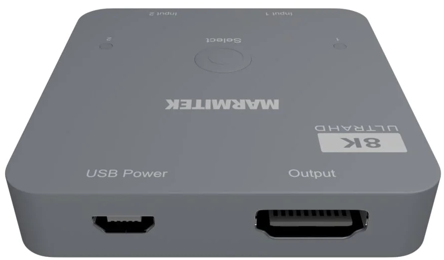 Appareil Marmitek 8K Ultra HD gris avec ports USB et HDMI.