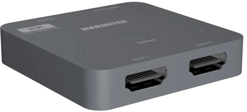Appareil Marmitek gris avec ports HDMI et étiquette '8K Ultra HD'.