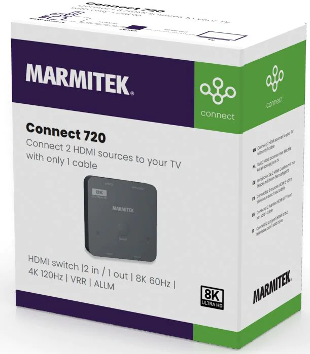 Une boîte blanche et verte pour un commutateur HDMI Marmitek Connect 720, avec texte et logo.