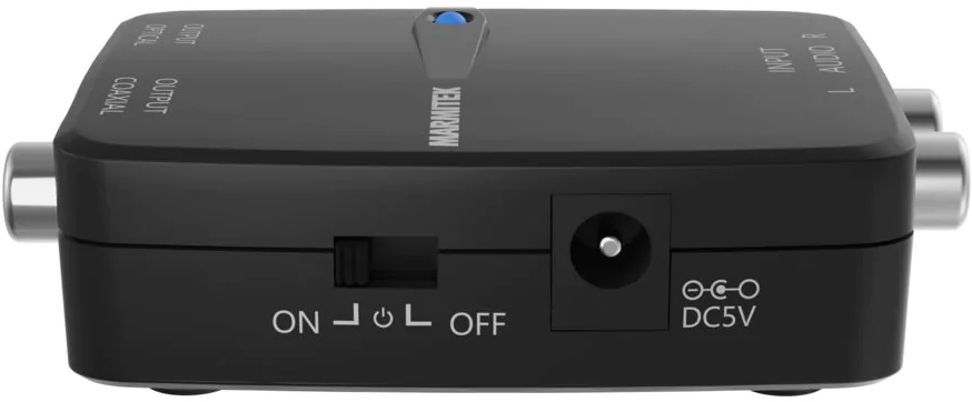Convertisseur audio noir avec entrées, sorties et alimentation.