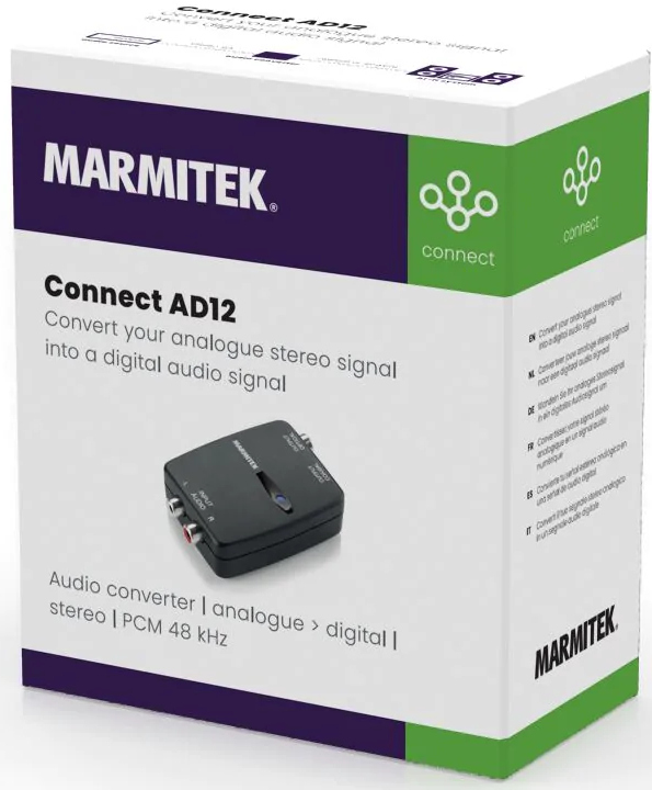 Boîte Marmitek Connect AD12. Convertisseur audio noir convertit le signal stéréo analogique en numérique.
