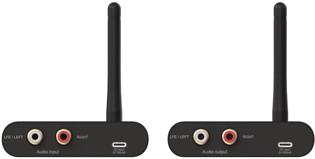 Twee zwarte audio-adapters met antennes, RCA-aansluitingen en USB-C-ingang op een witte achtergrond.