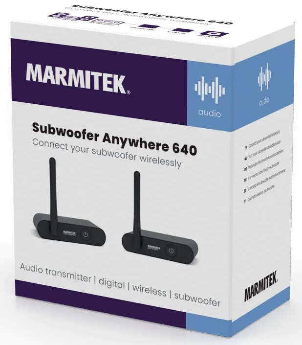 Productverpakking van de Marmitek Subwoofer Anywhere 640 met twee kleine zwarte zenders en antennes.