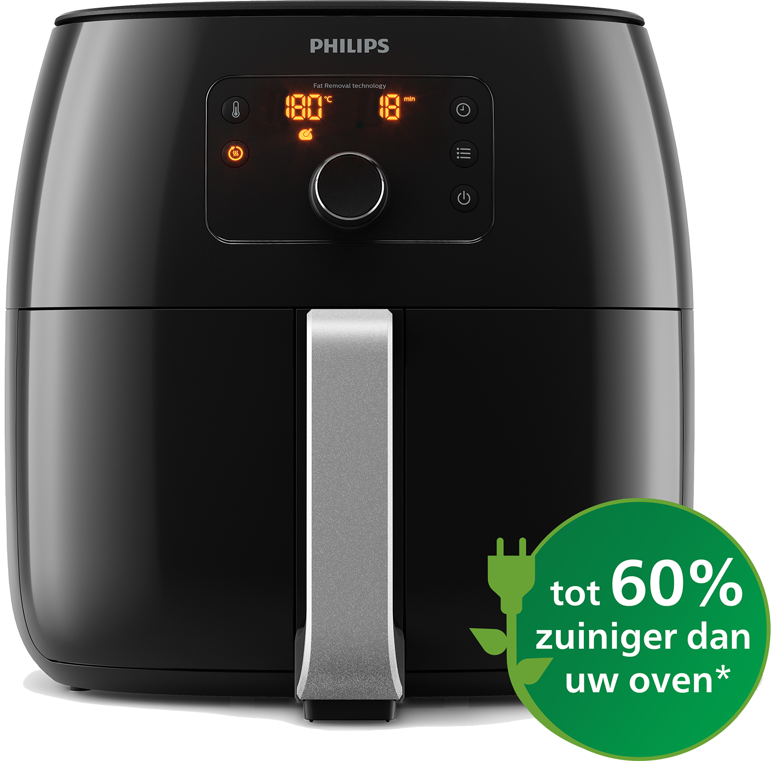 Zwarte airfryer met digitaal display en groen energielabel.