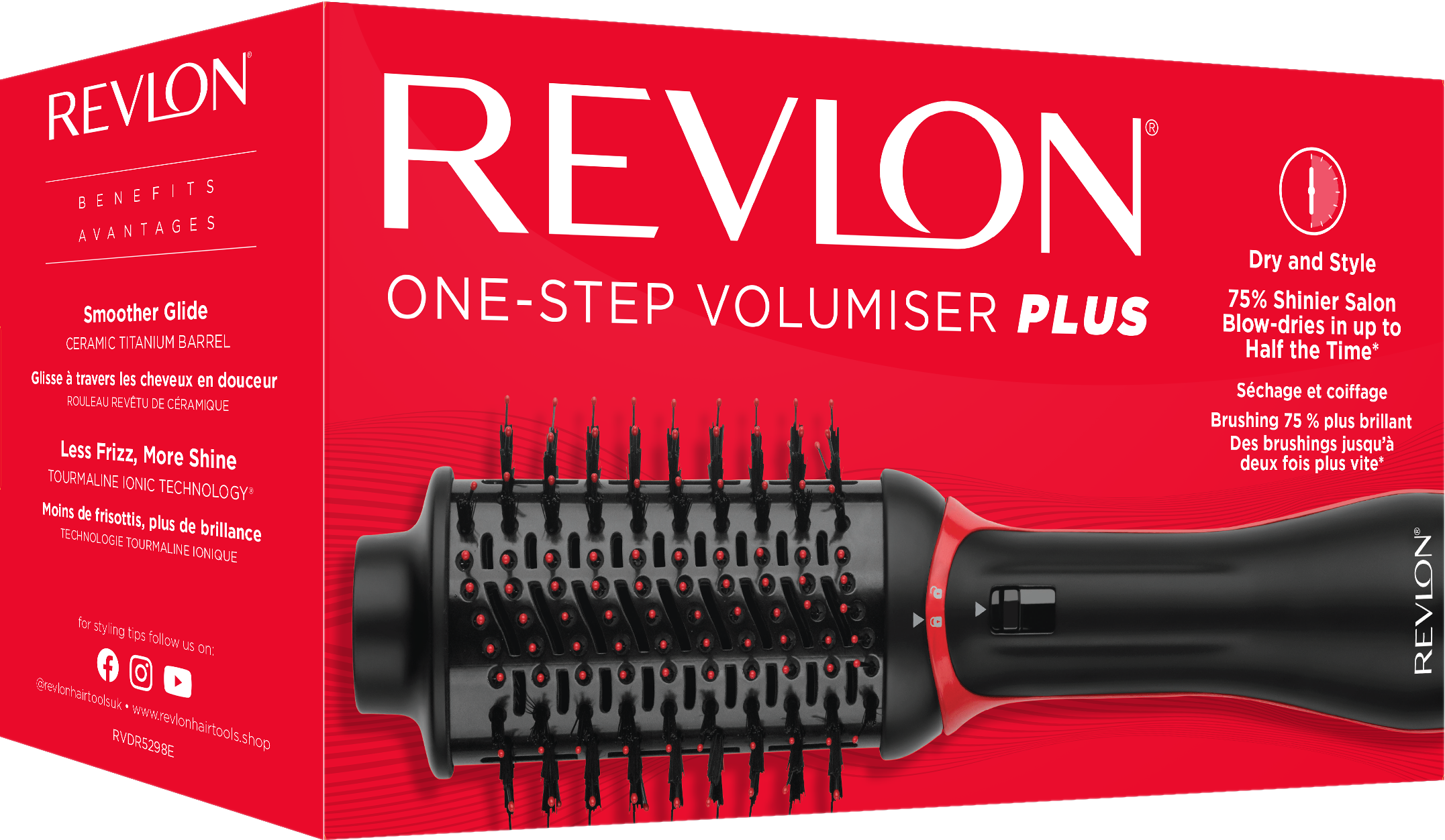Revlon One-Step Volumiser PLUS Box. Rote Box mit Text und einem Haarstyling-Tool. Schwarz-rote Haartrocknerbürste.