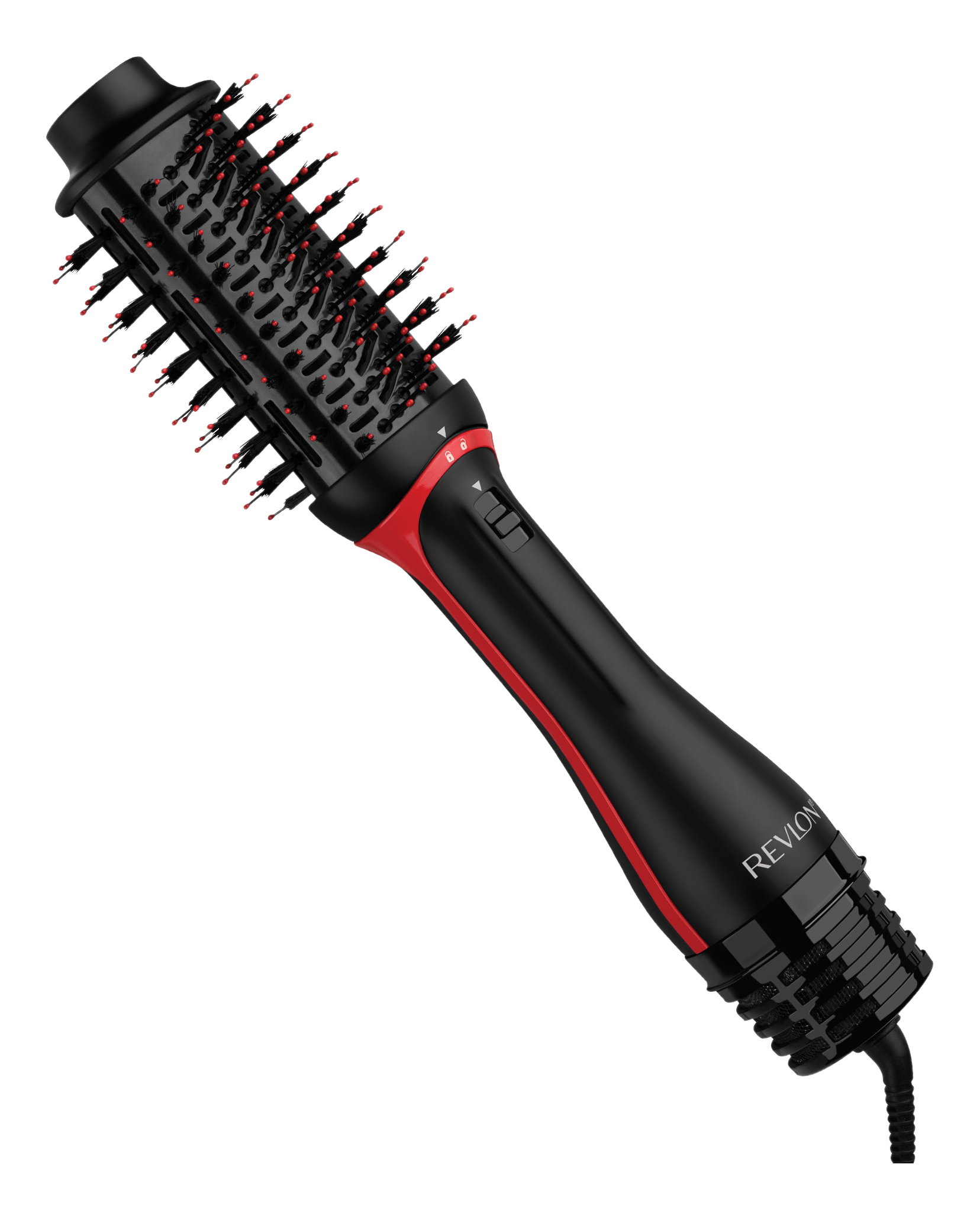 Revlon One-Step Haartrockner und Volumizer-Bürste. Schwarzer Griff mit roten Akzenten und Borsten.