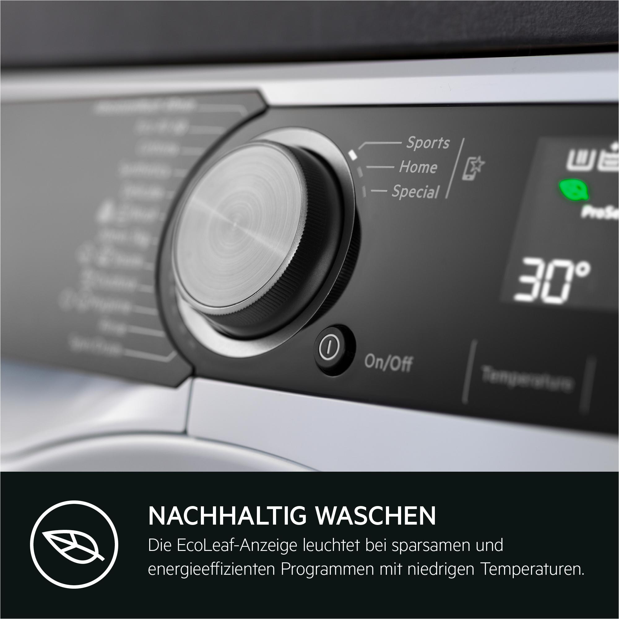 Nahaufnahme des Bedienfelds einer Waschmaschine. Enthält einen Drehregler, Temperaturanzeige und Ein/Aus-Taste. Text: NACHHALTIG WASCHEN.