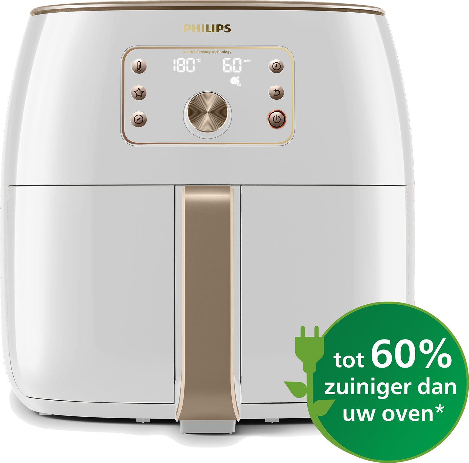A white Philips air fryer with a gold accent and a green energy saving label on the right.