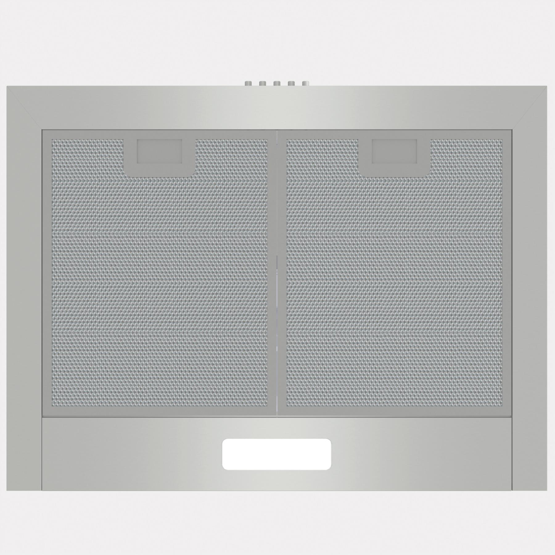 Eine silberne Dunstabzugshaube mit zwei perforierten Paneelen und einem rechteckigen Licht.