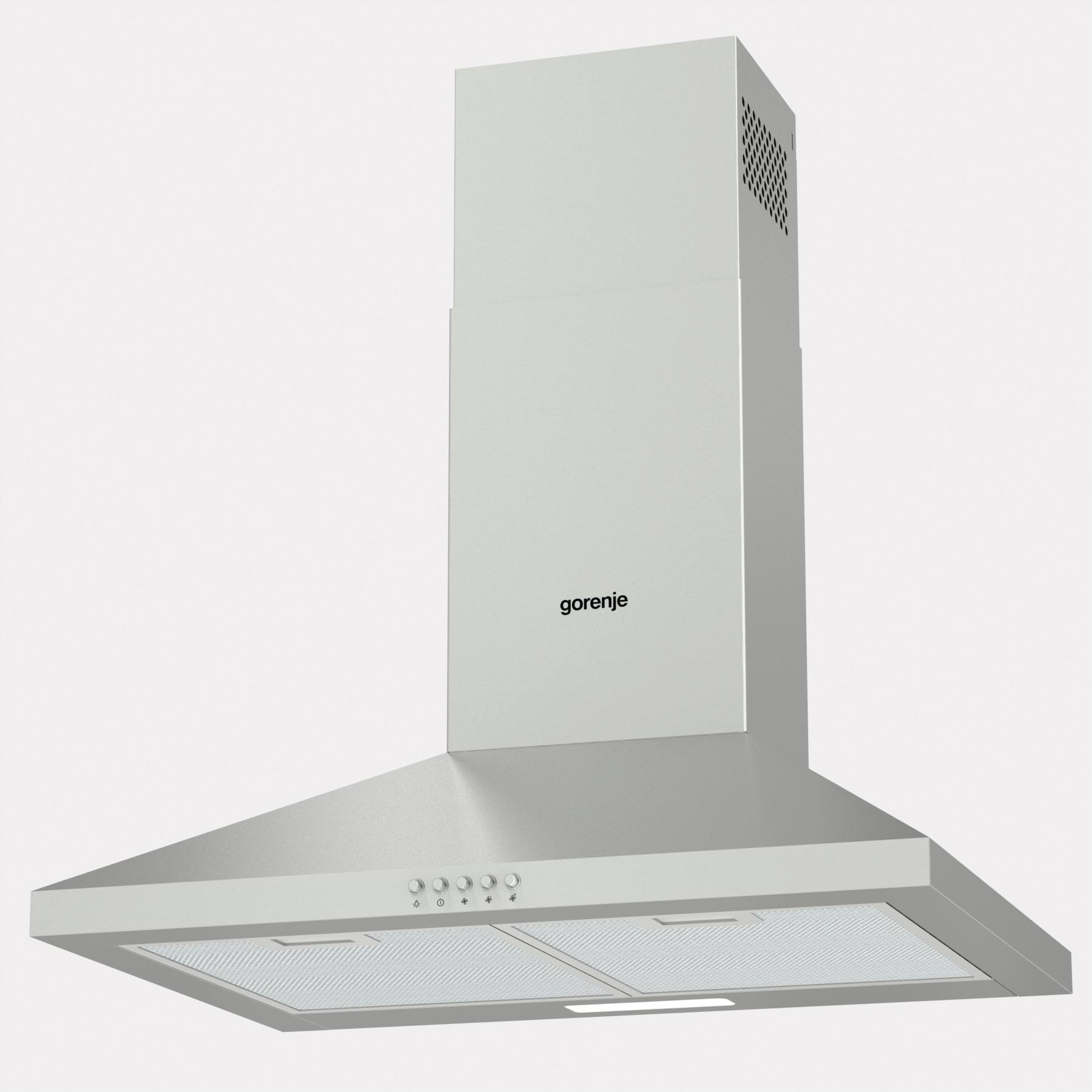 Silberne Dunstabzugshaube mit Knöpfen und Lüftung. Markenname: gorenje.