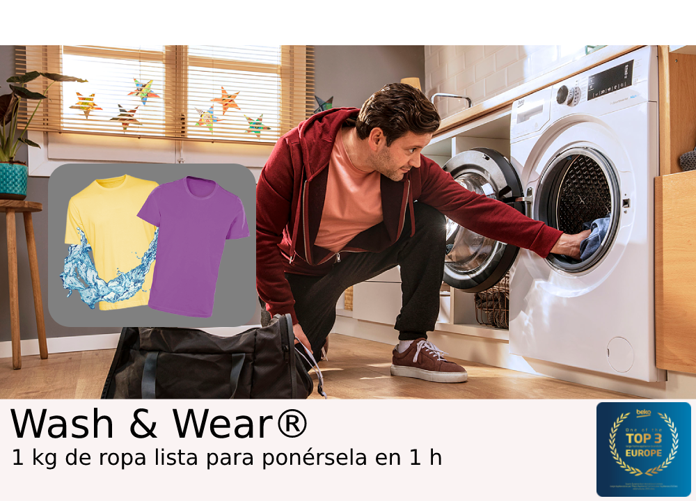 Un hombre metiendo ropa en una lavadora, con dos camisetas y un logo.