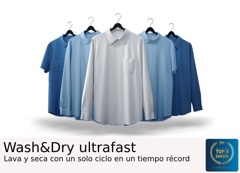 Cinco camisas colgadas en una percha. La camisa central es blanca, las otras azules.