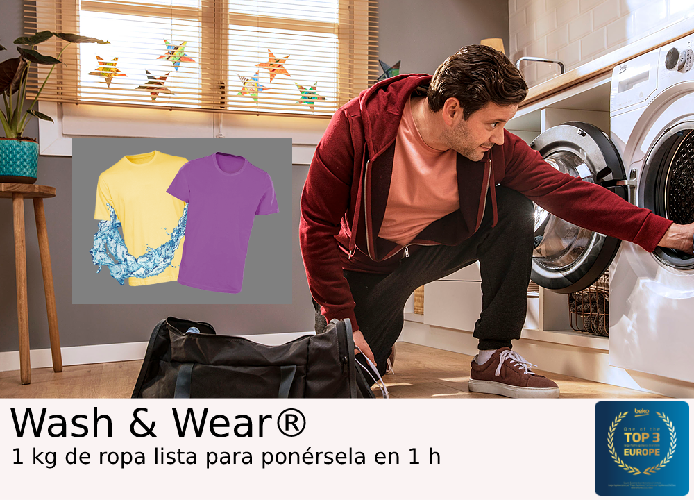 Hombre poniendo ropa en lavadora, con camisetas en recuadro.
