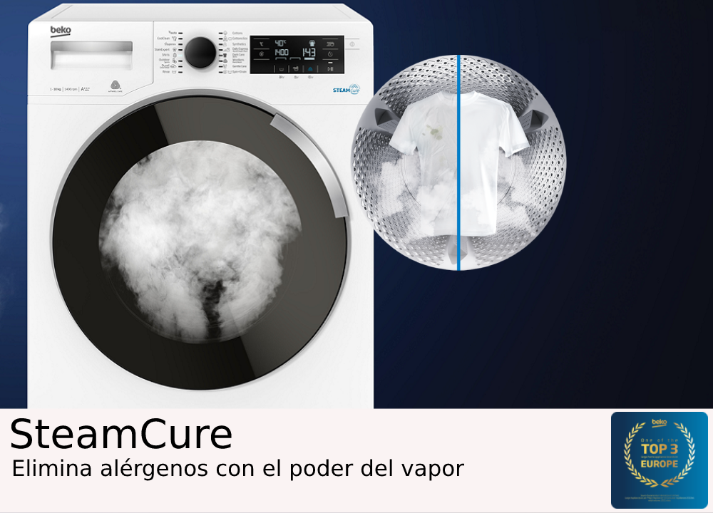 Lavadora con vapor, comparación de ropa limpia y sucia.