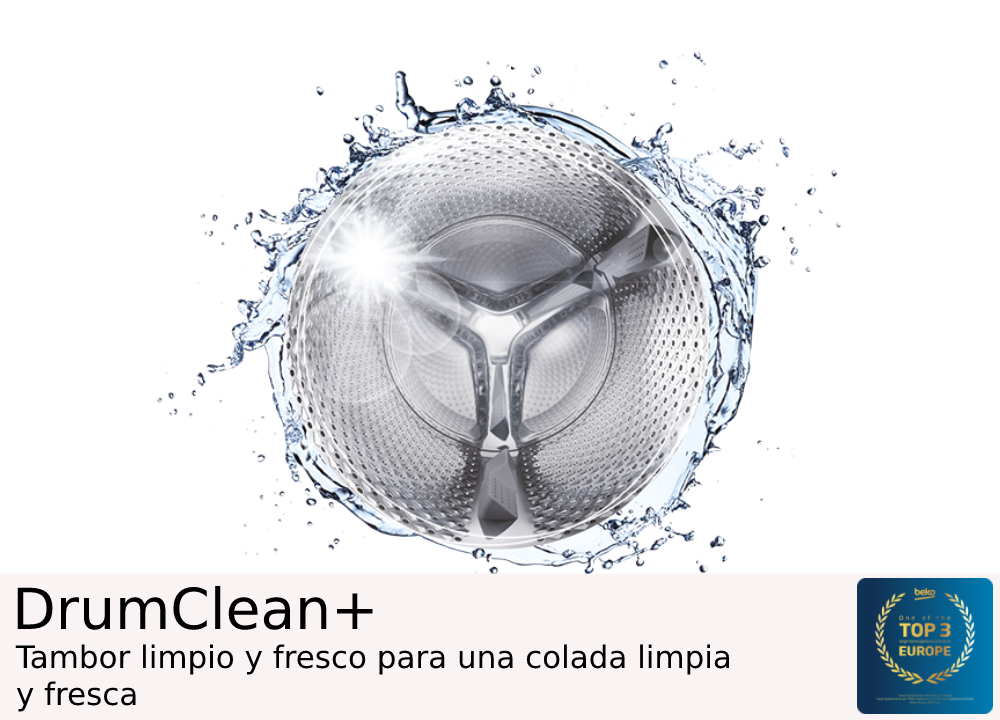 Un tambor de lavadora con agua salpicando, mostrando un tambor limpio y fresco.