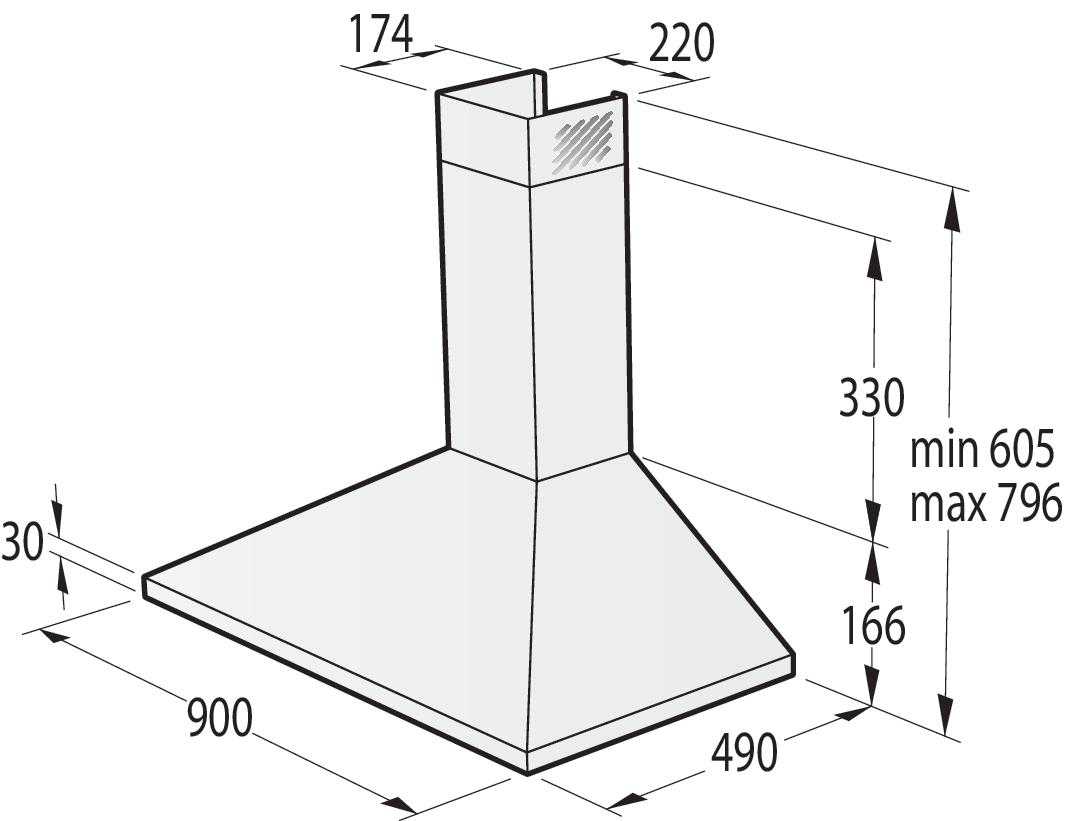 Diagramm mit den Abmessungen einer Dunstabzugshaube. Für jede Seite sind Maße in Millimetern angegeben.