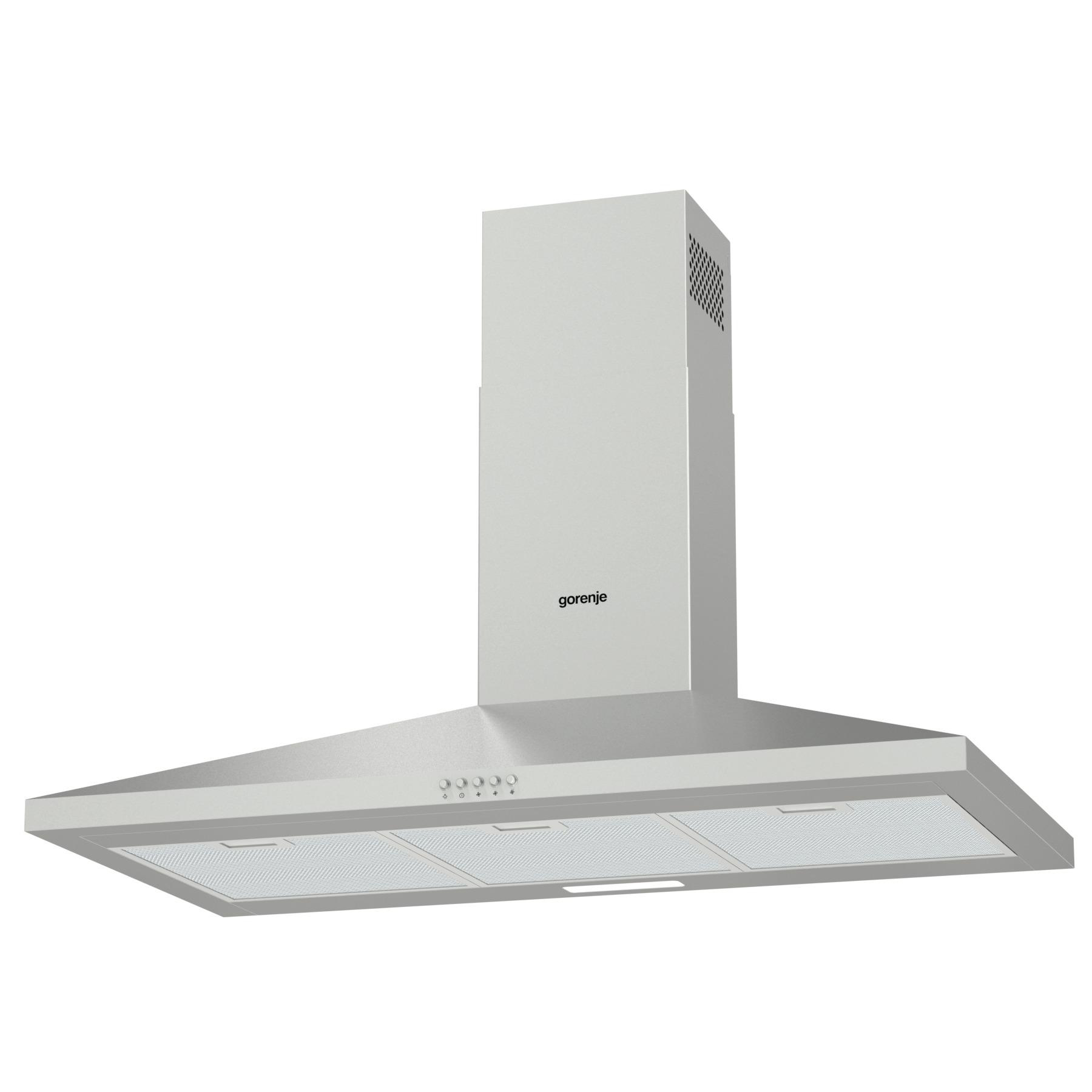 Eine Edelstahl-Dunstabzugshaube mit dem Markennamen 'gorenje'.