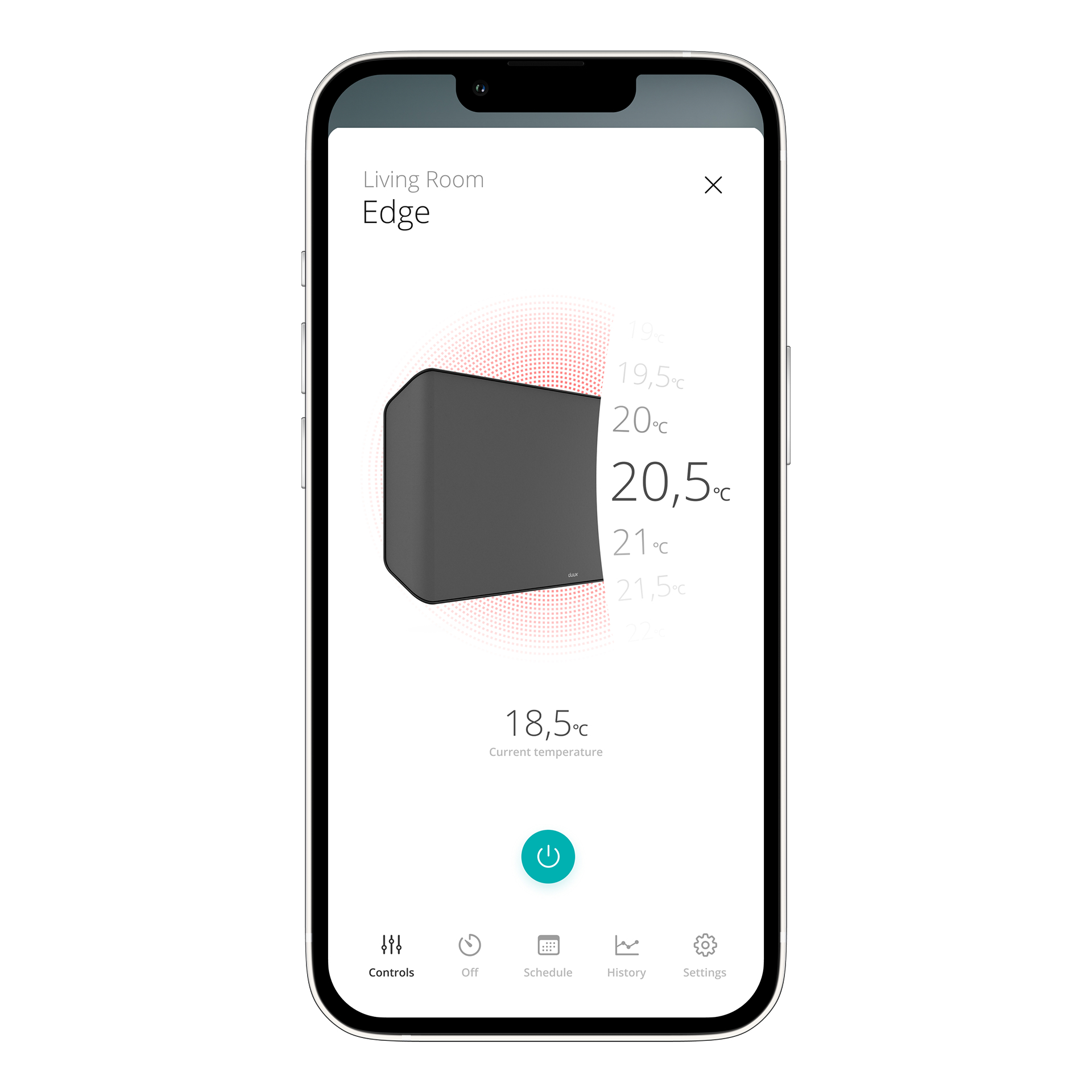 Ein Smartphone zeigt eine Smart-Home-Oberfläche mit Raumdiagramm und Temperaturmesswerten.