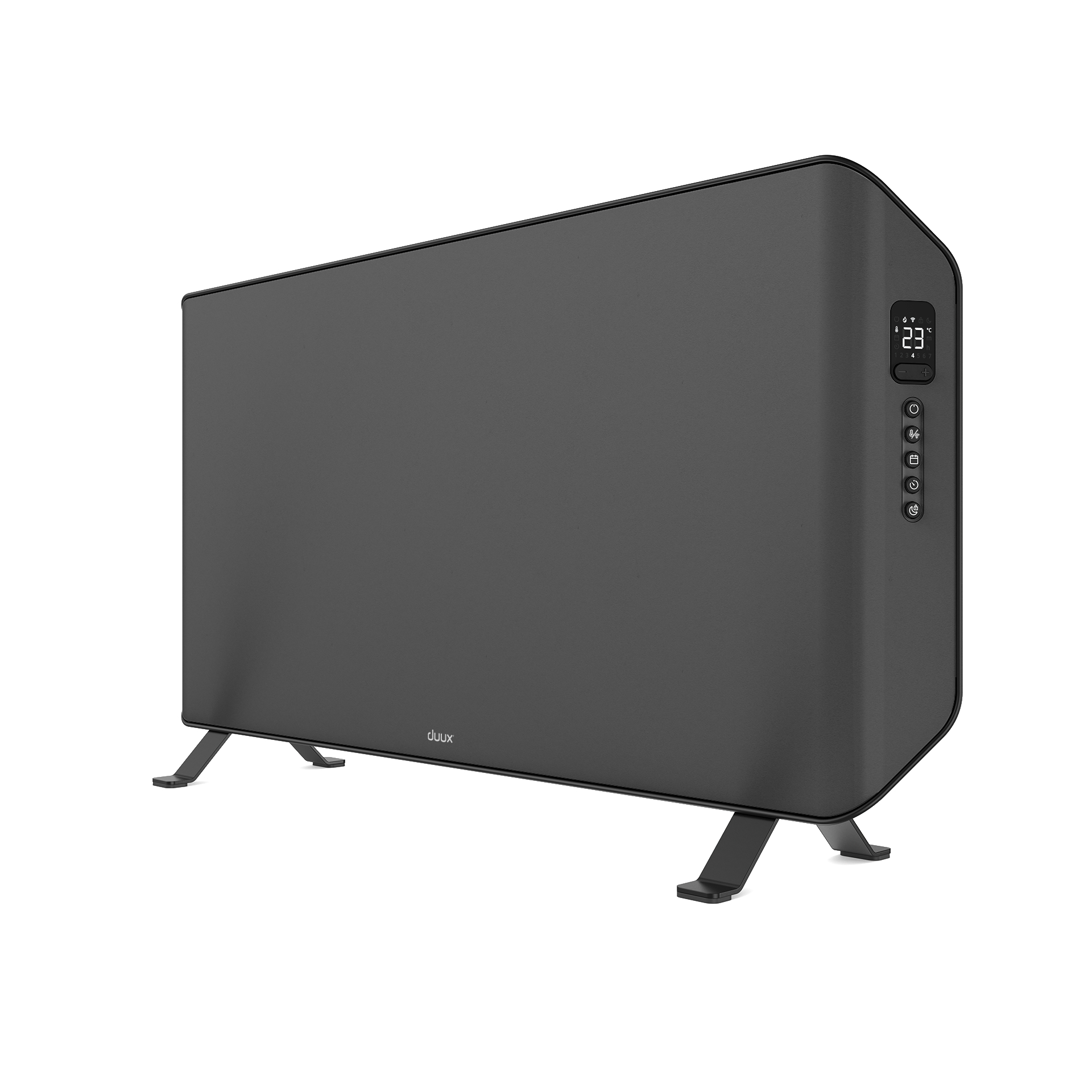 Schwarze, moderne Flachheizung mit Display und Beinen.