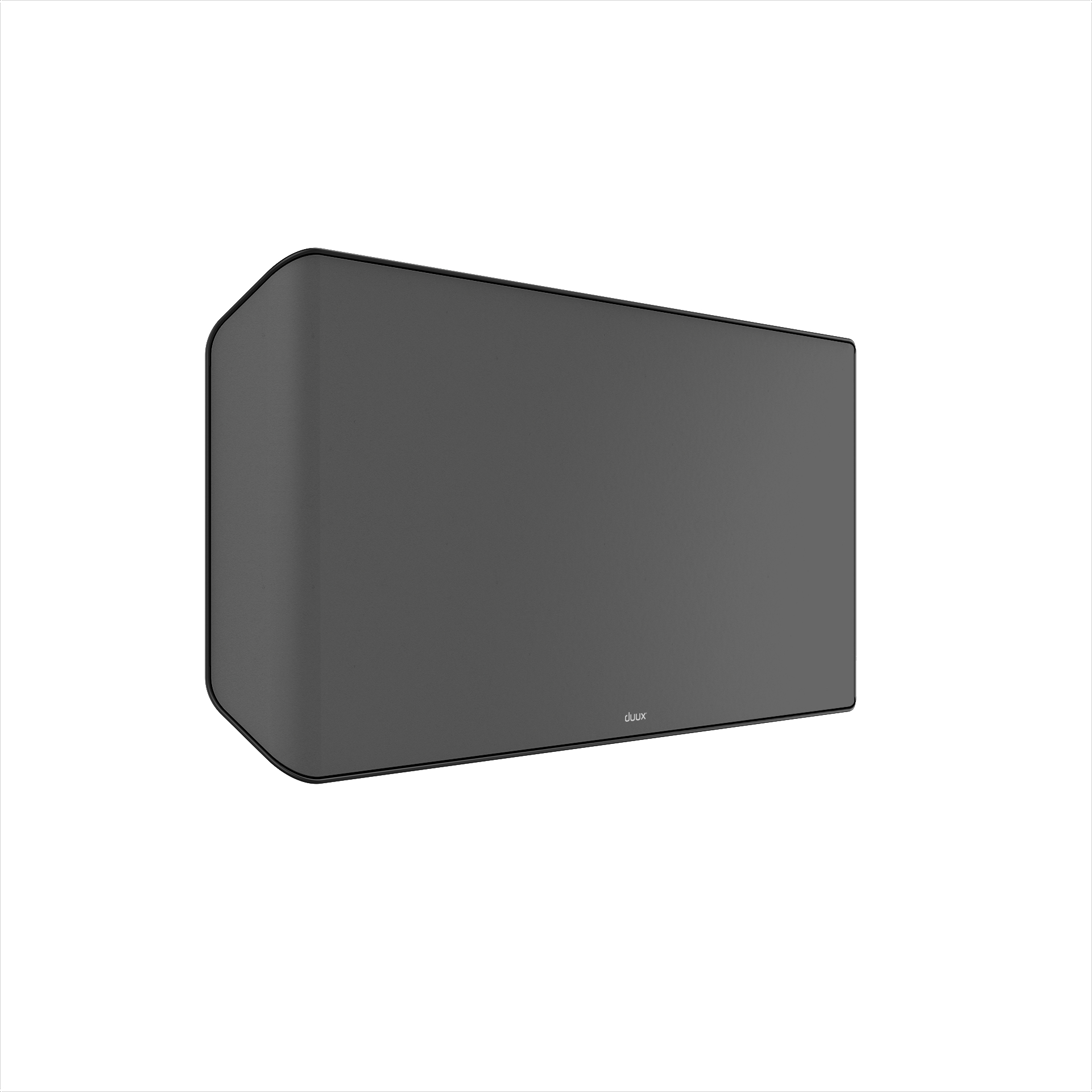 Rechteckiger dunkelgrauer Lautsprecher auf weißem Hintergrund. Schlichtes, modernes Design. Text 'duux'.