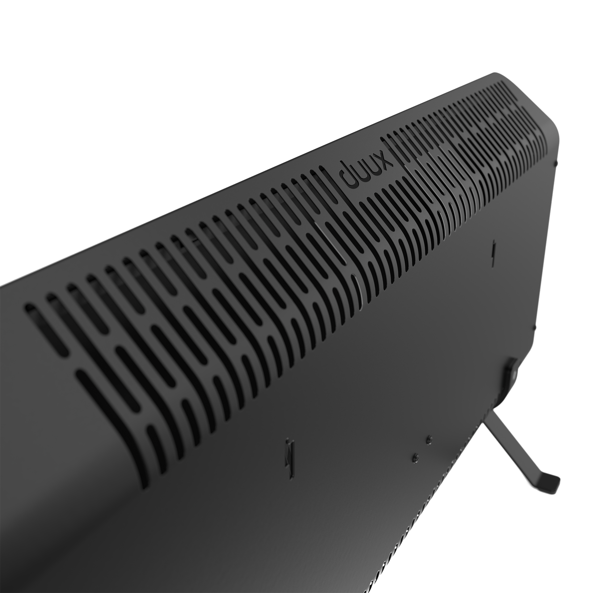 Schwarzes Gerät mit Lüftungslöchern und Duux-Logo in Schrägansicht.