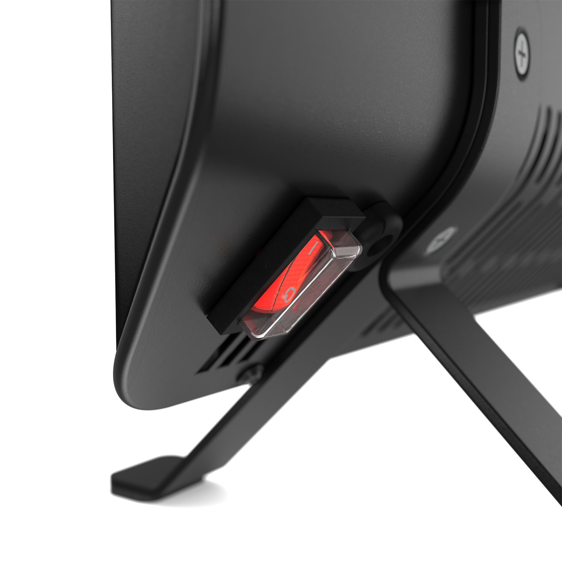 Nahaufnahme eines schwarzen Geräts mit einem roten Netzschalter. Der Schalter steht auf Position '1'.