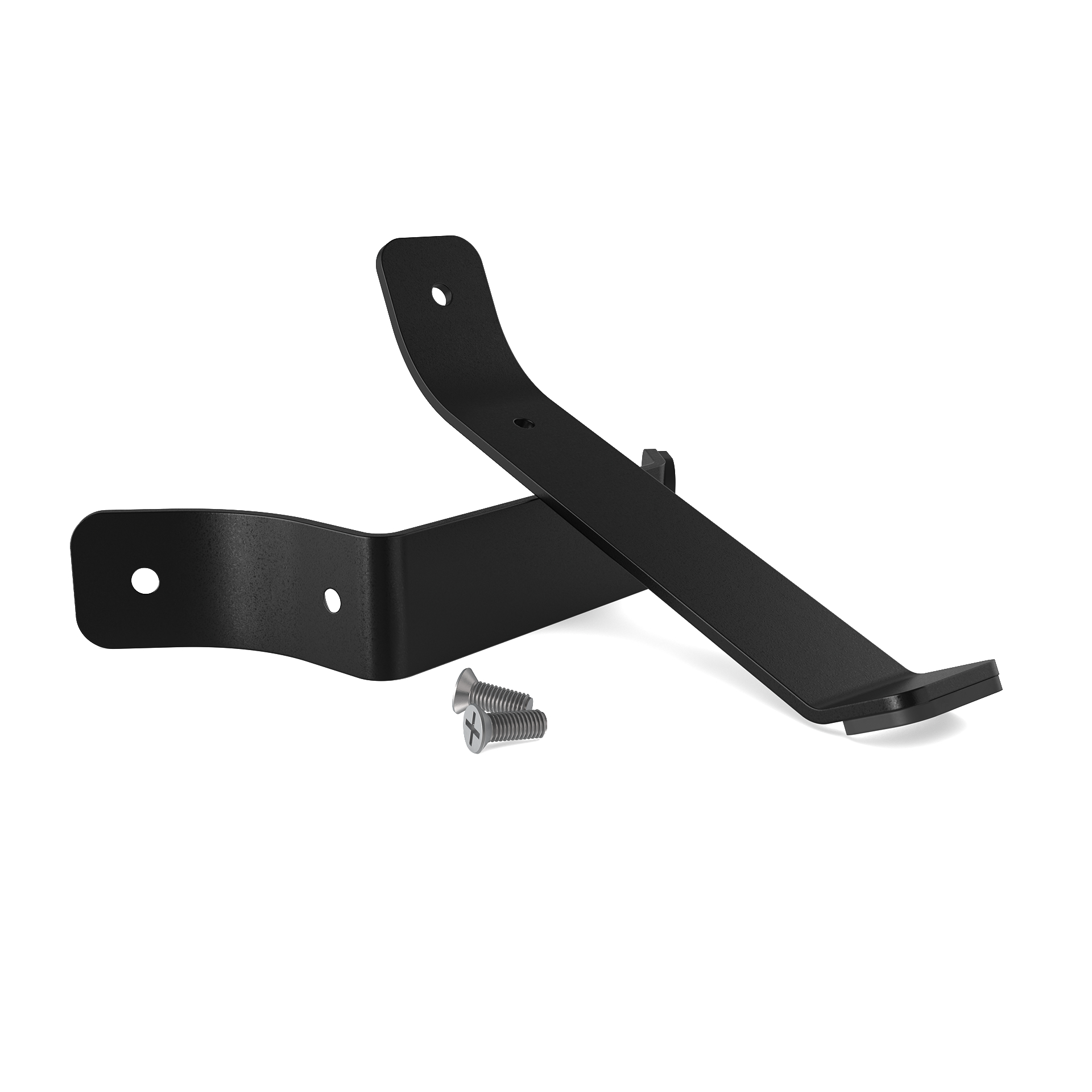 Zwei schwarze Metallhalterungen und Schrauben auf weißem Hintergrund.