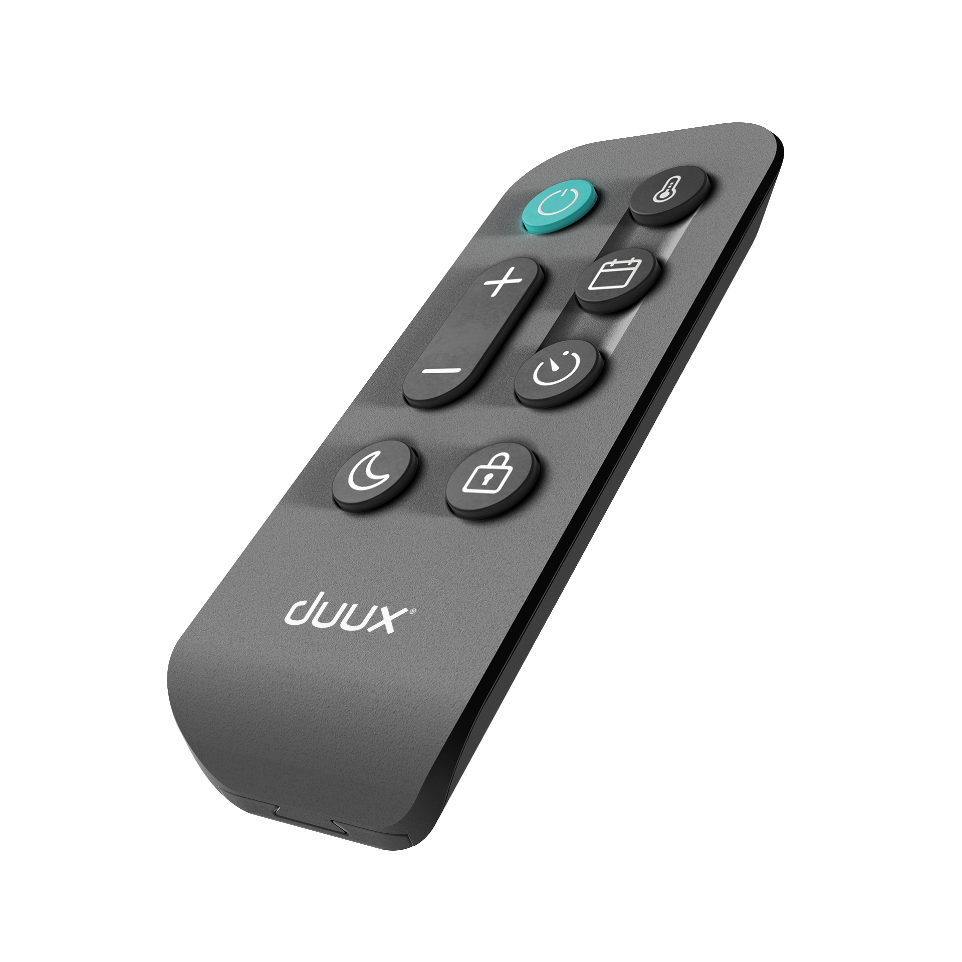 Graue Fernbedienung mit verschiedenen Tasten, einschließlich Ein/Aus, Lautstärke und Stummschaltung.