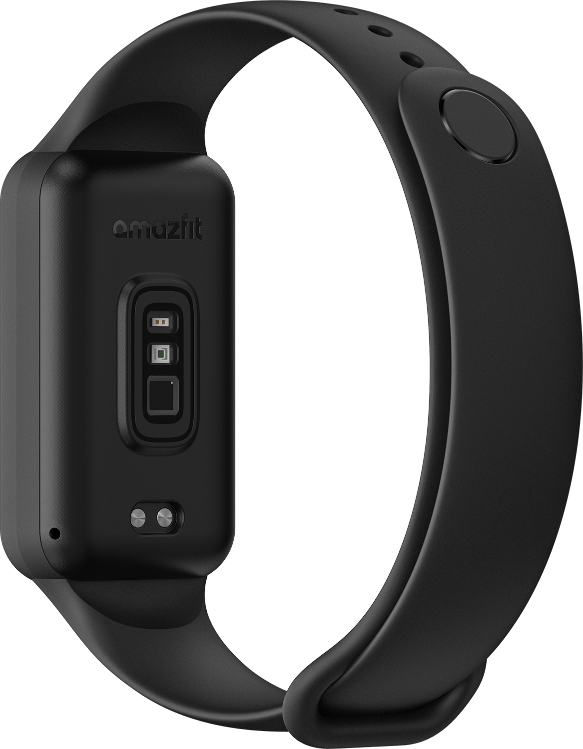Fekete Amazfit fitneszkövető, hátulnézetben, fekete háttéren.