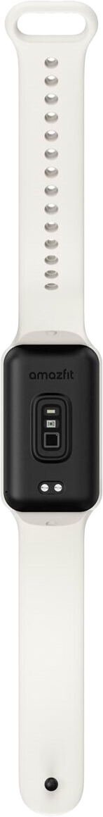 Fehér Amazfit fitneszkövető fekete érzékelővel és fehér szíjjal, izolált nézet.