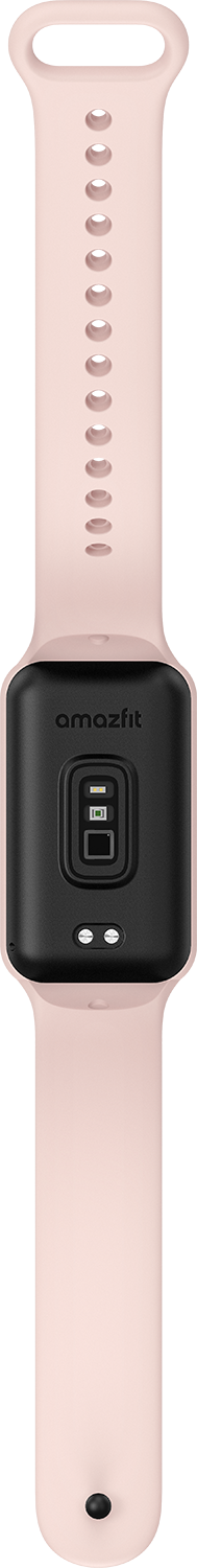 Rózsaszín Amazfit okos karkötő, látható töltőérintkezőkkel.