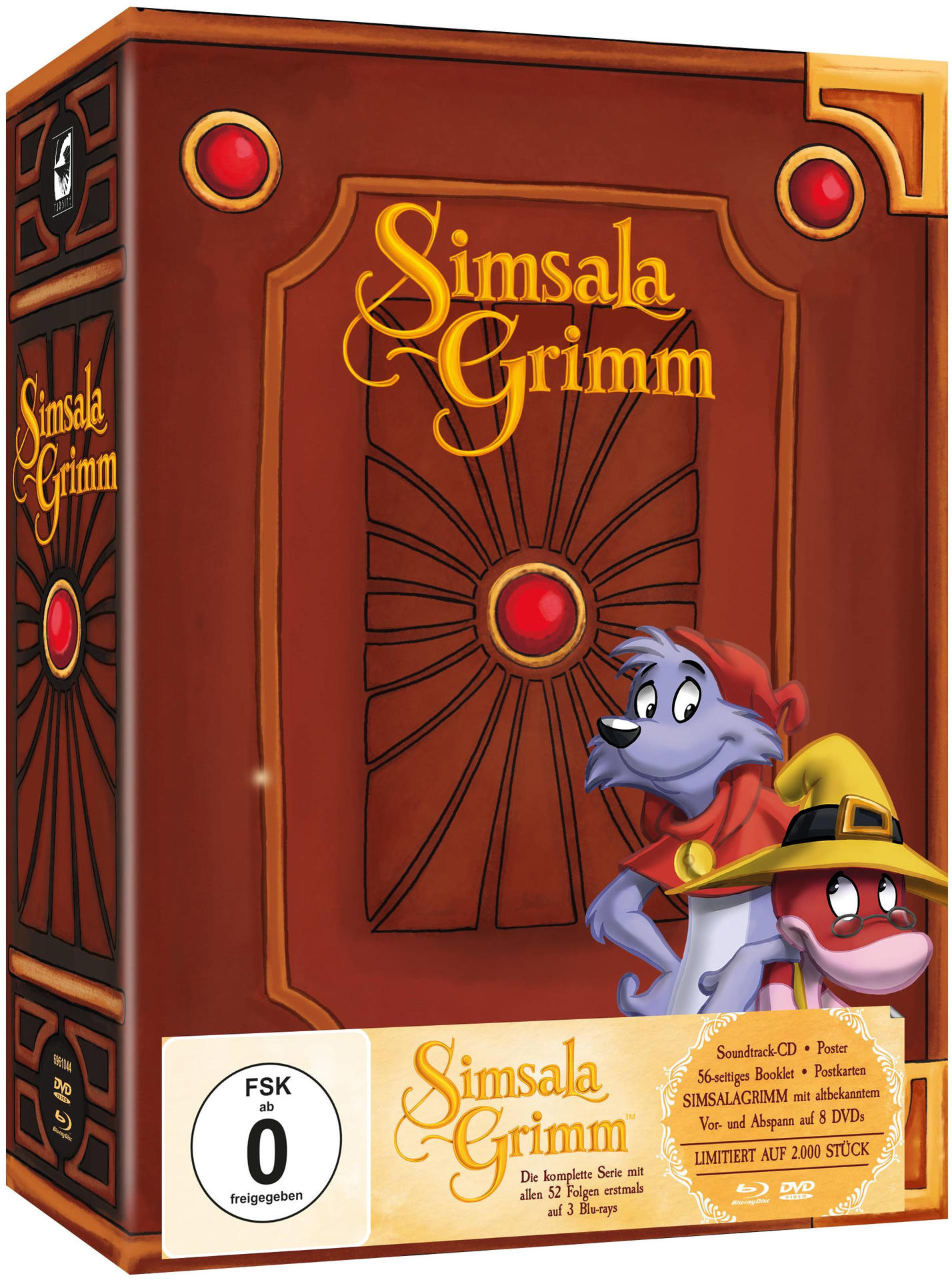 DVD-Box-Set von Simsala Grimm. Das Cover zeigt Zeichentrickfiguren und den Titel in Gold auf braunem Grund.