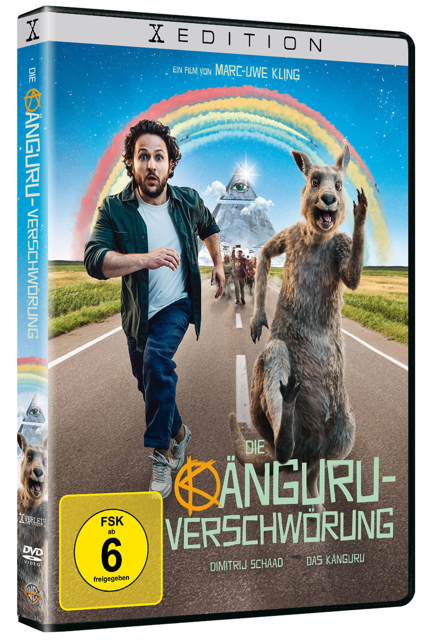 DVD-Cover mit einem Mann, der vor einem Känguru flieht. Helle Farben und gelbe FSK-Einstufung.