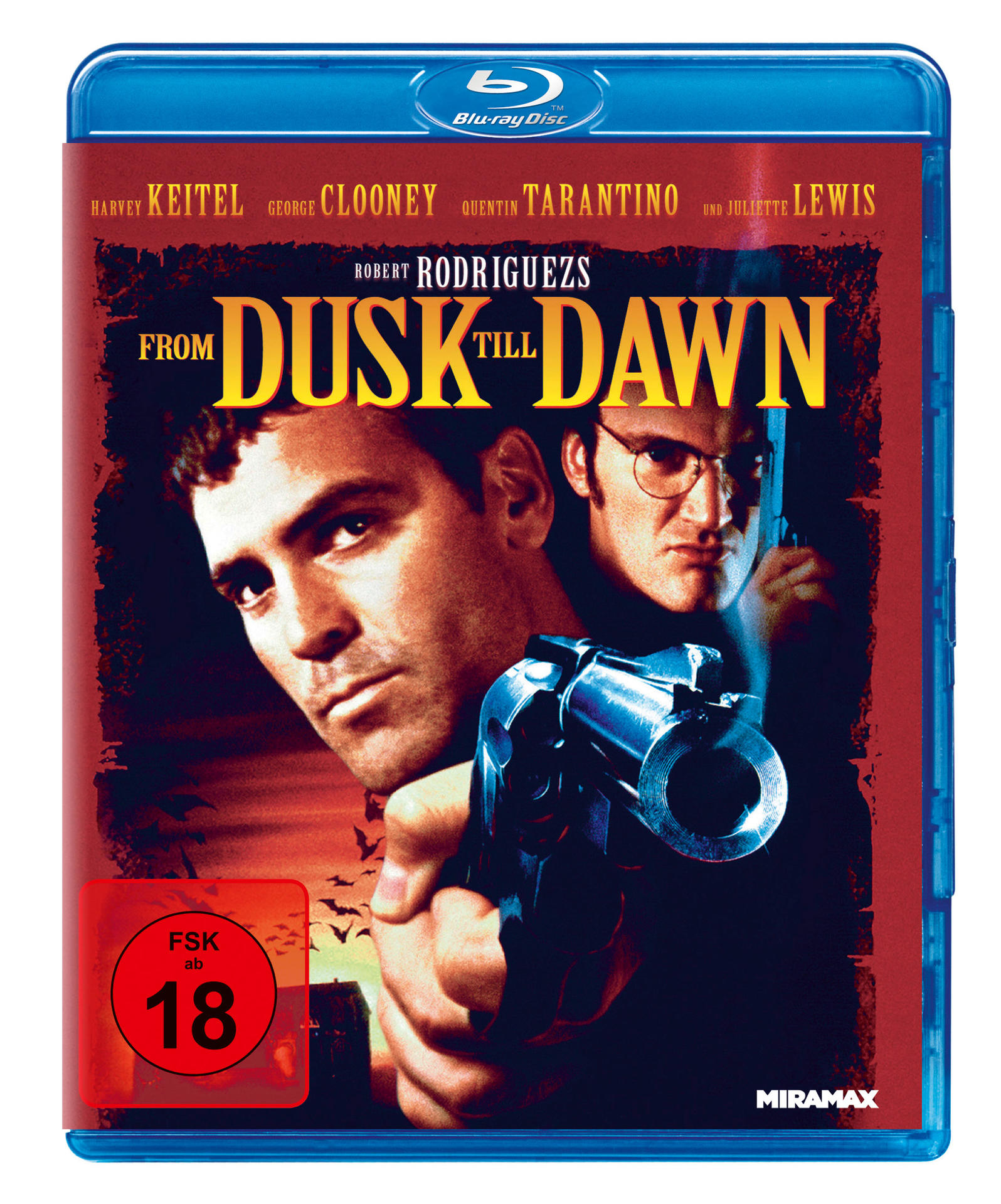 DVD-Hülle für 'From Dusk Till Dawn' zeigt George Clooney mit einer Waffe, Filmtitel.