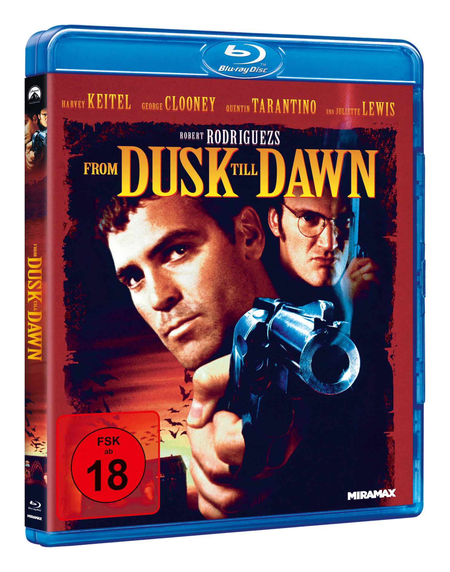 Blu-ray-Disc-Cover des Films 'From Dusk Till Dawn'. Es zeigt Schauspieler und eine Waffe.