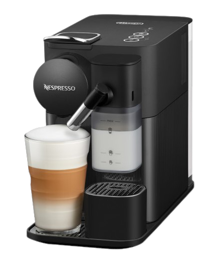 Eine schwarze Nespresso Kaffeemaschine mit Latte-Glas und Milchbehälter.