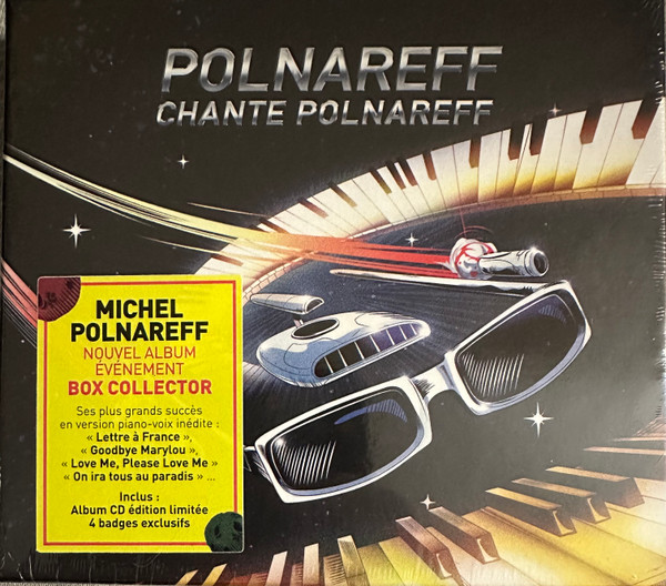 Pochette d'album avec le texte 'Polnareff Chante Polnareff'. Boîtier de CD avec un autocollant jaune.