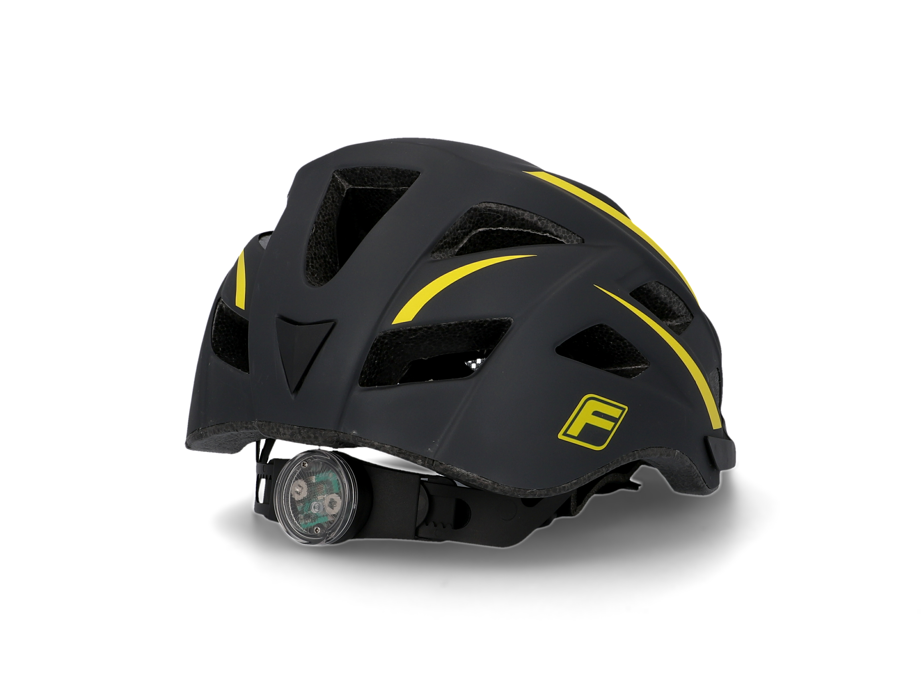 Schwarz-gelber Fahrradhelm mit integrierten Lichtern, auf weißem Hintergrund.