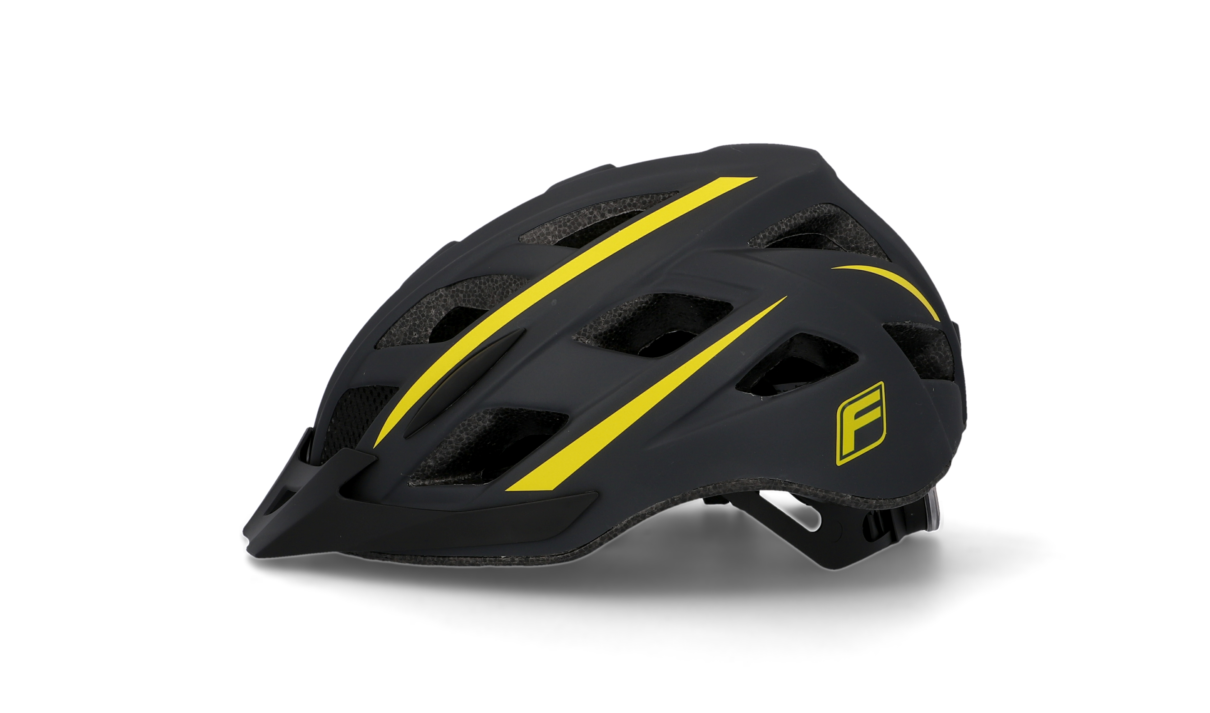 Schwarzer Fahrradhelm mit gelben Streifen und Visier, auf weißem Hintergrund.