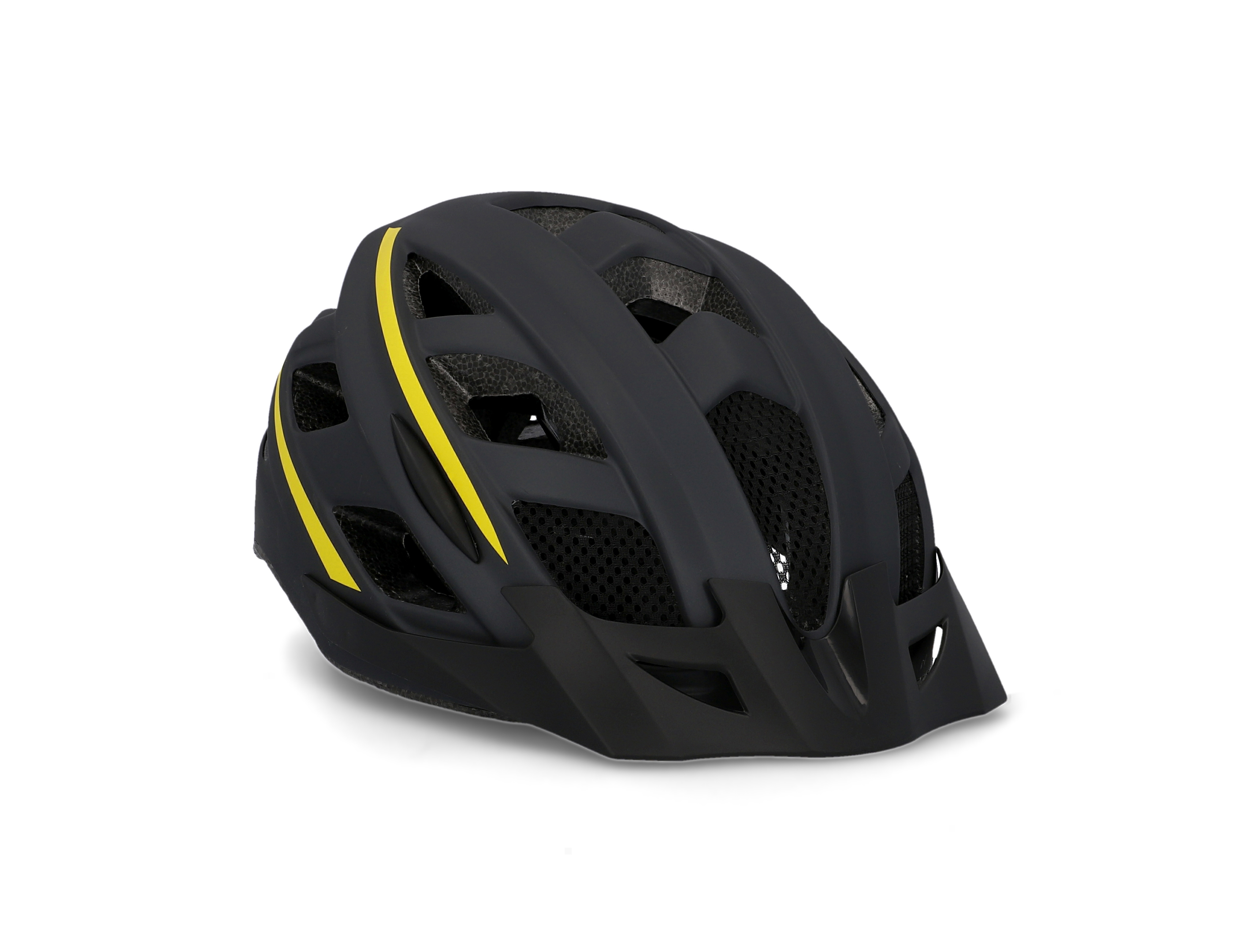 Schwarzer Fahrradhelm mit gelben Streifen. Er hat einen Netzbereich und ein Visier.