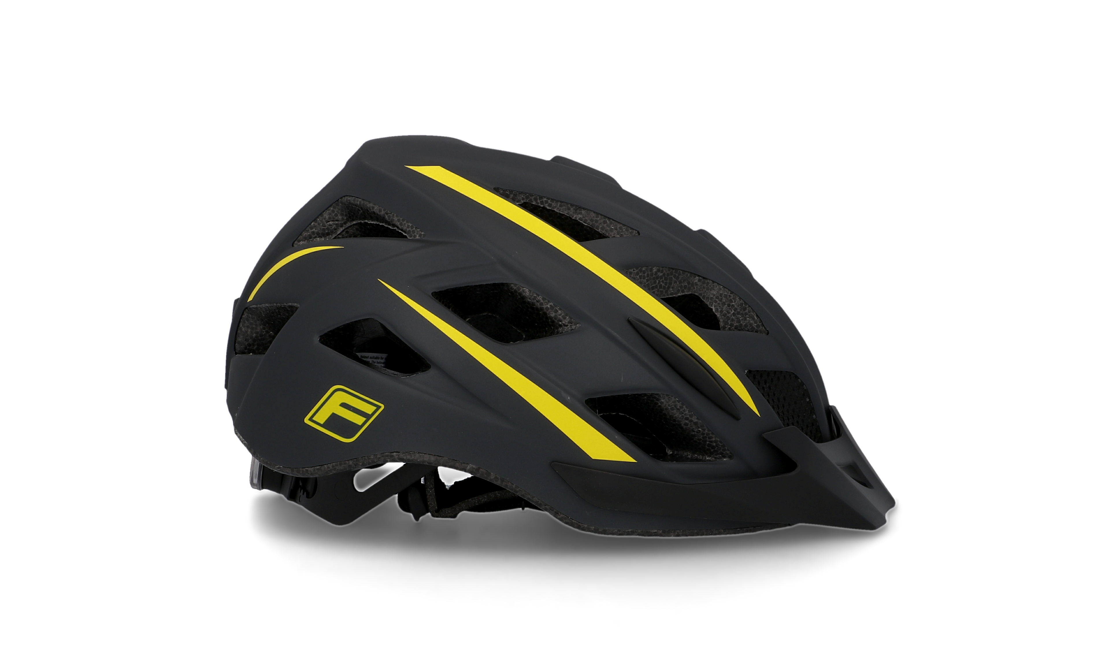 Schwarzer Fahrradhelm mit gelben Streifen und Logo, auf weißem Hintergrund.