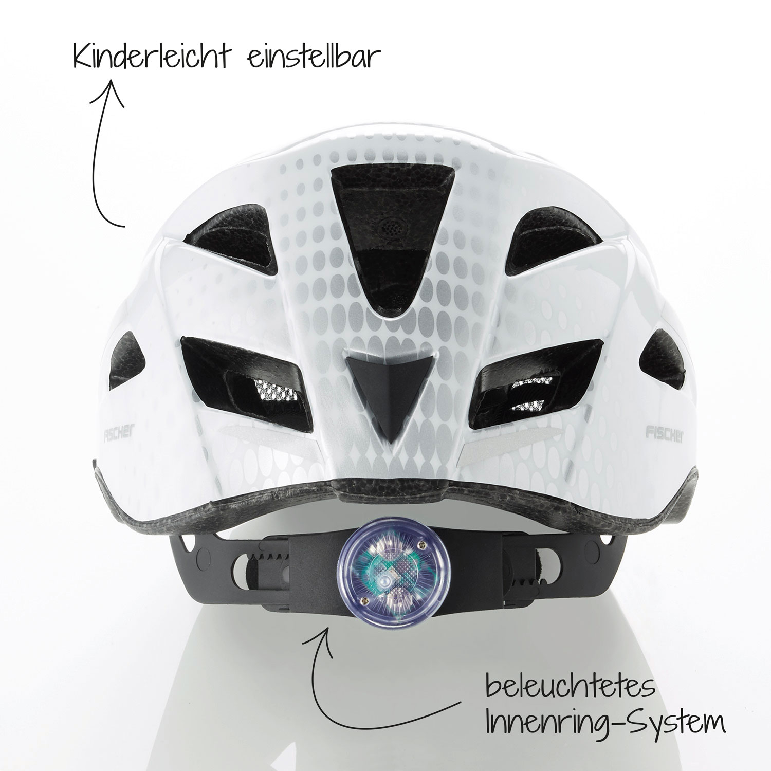 Weißer Fahrradhelm mit beleuchtetem Innenringsystem und Anpassung.